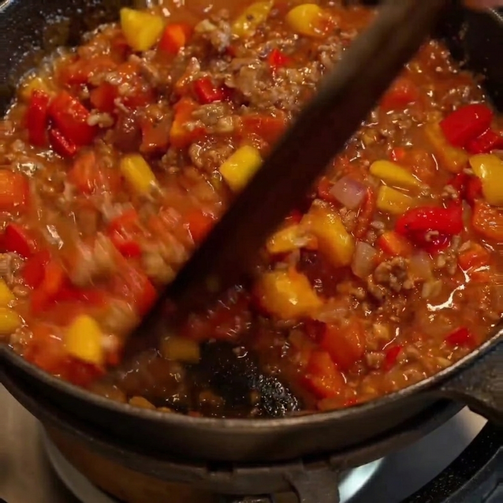 Shredded cheese being layered over the savory beef and bell pepper mixture in the cast iron skillet.