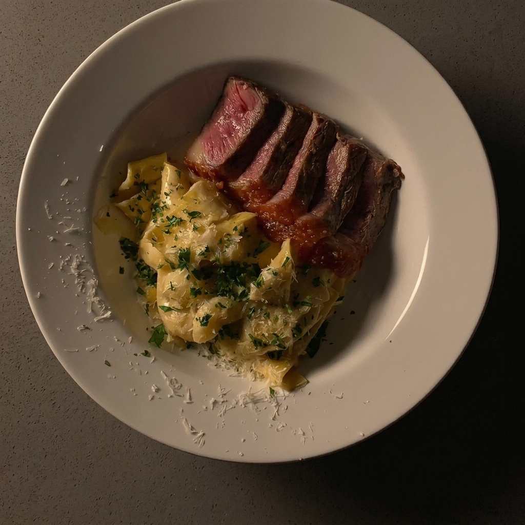 A raw, seasoned steak being placed into a stainless steel pan to begin searing.