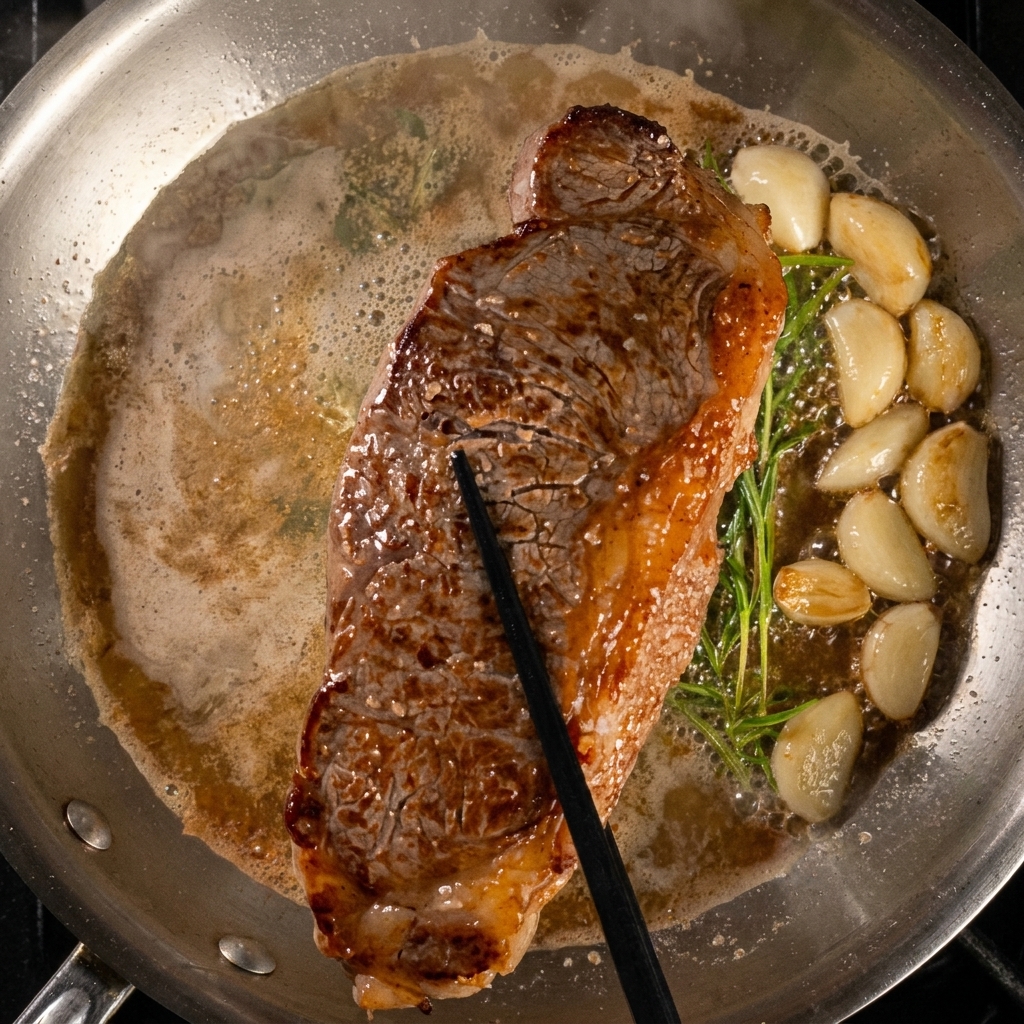 Heavy cream and parmesan cheese being whisked into steak drippings in a hot pan.