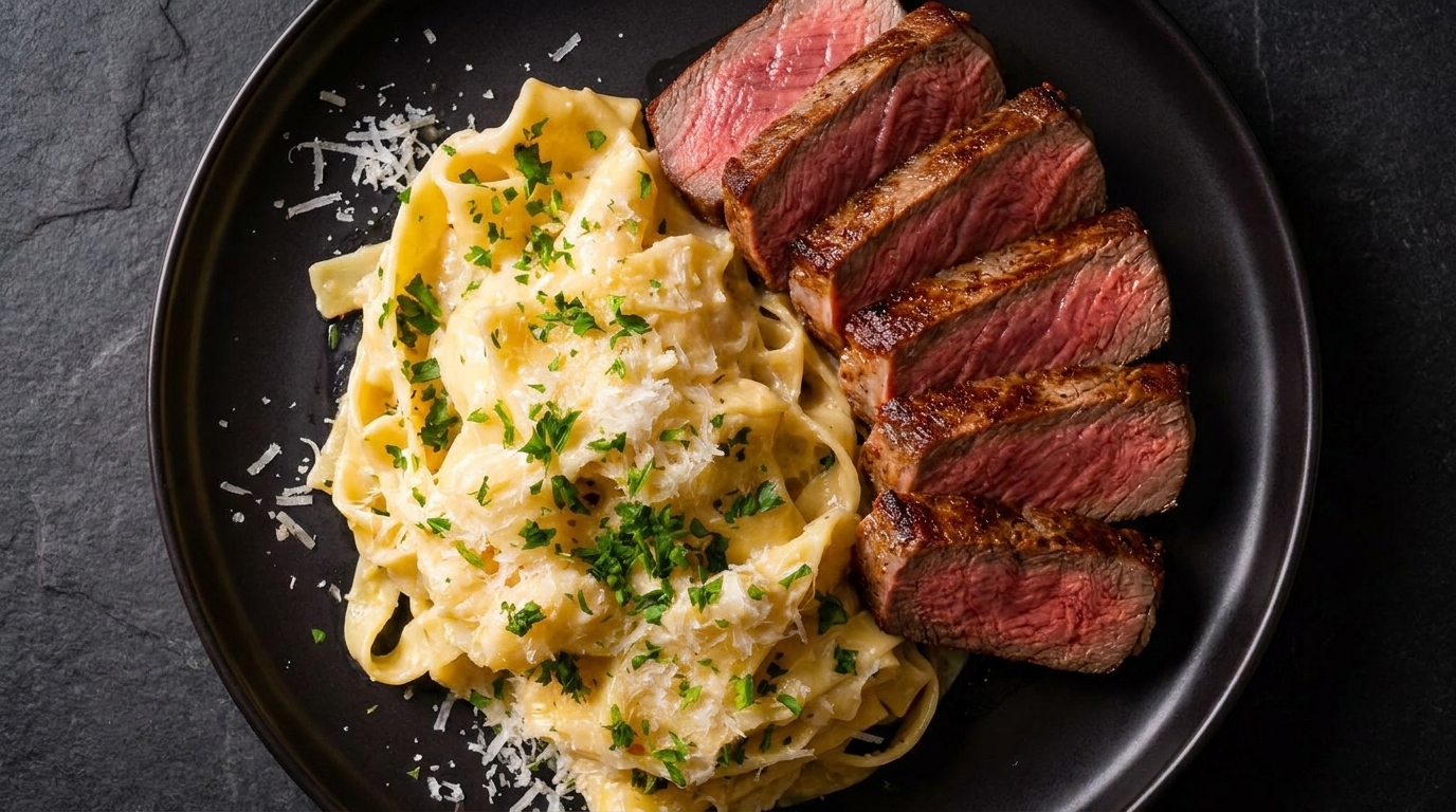 Pan-Seared Steak with Creamy Fettuccine