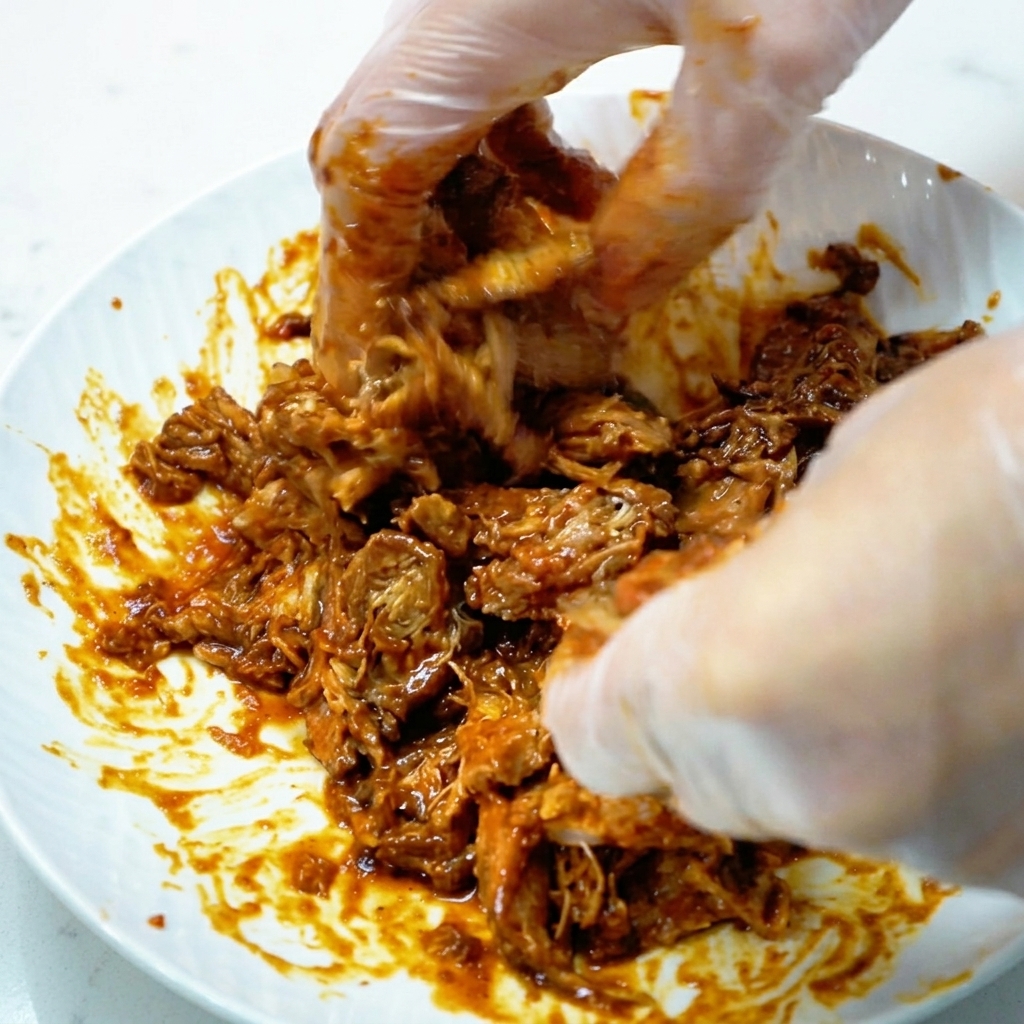 Close-up of gloved hands shredding seasoned smoked pork on a white plate.