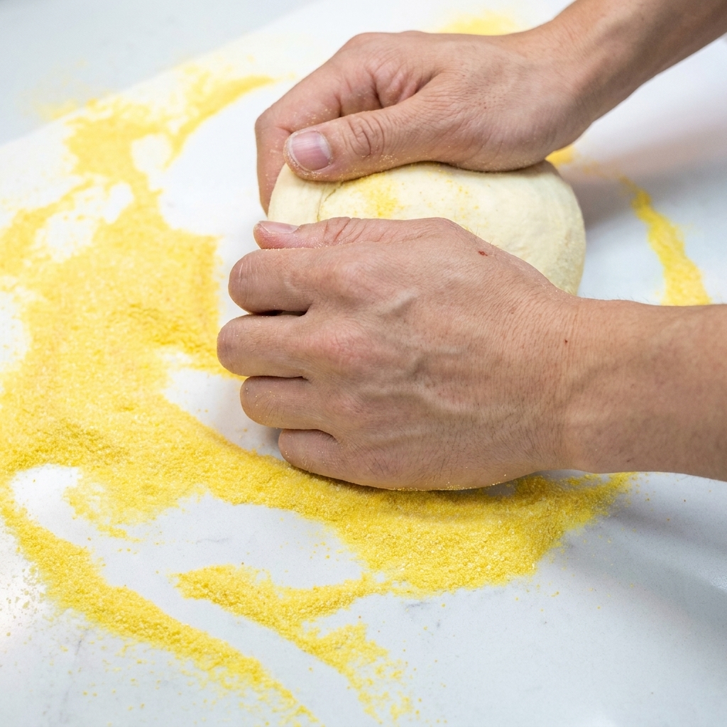 Hands stretching a proofed dough ball into a round pizza base on a cornmeal-dusted surface.