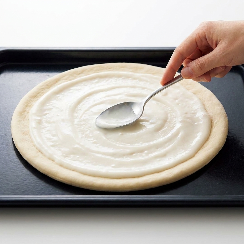 A spoon spreading smooth Mchtm Béchamel sauce over a raw pizza dough base.