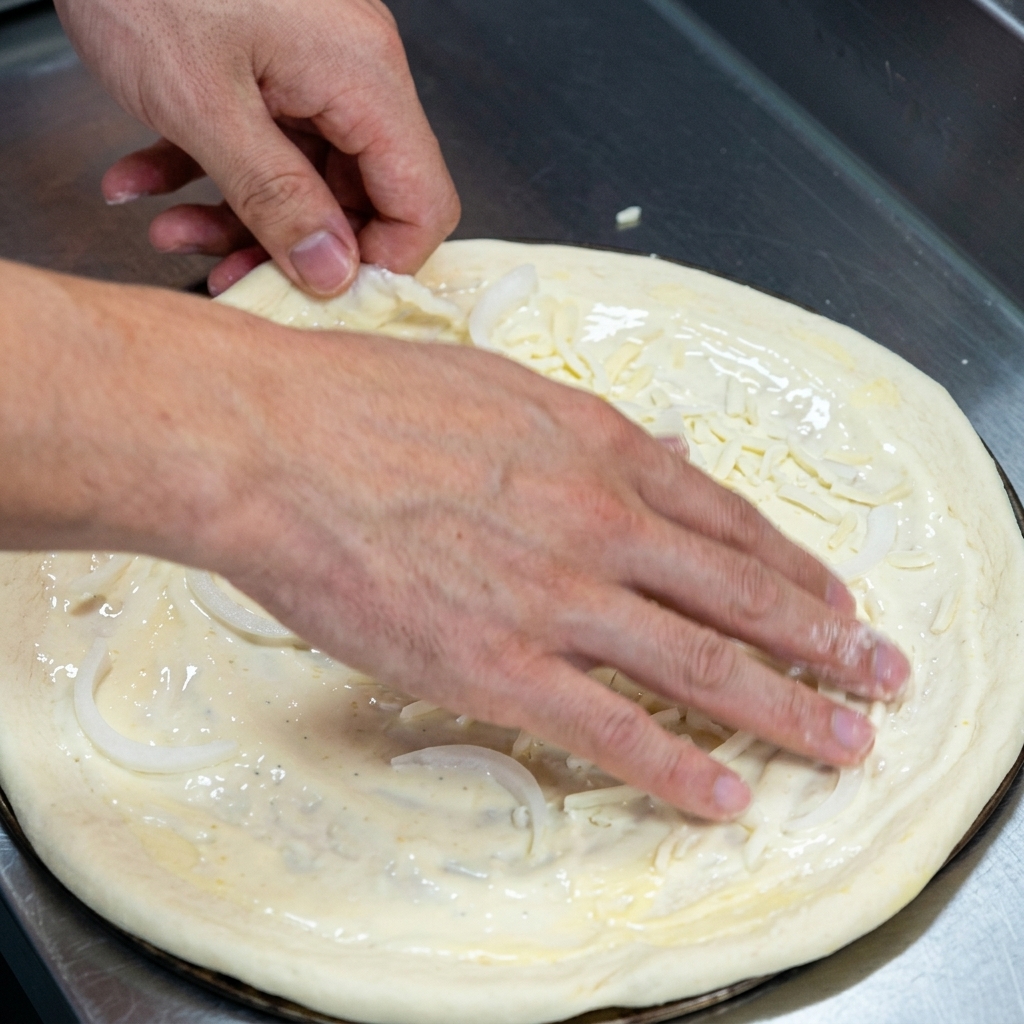 Slices of white onion being placed on a pizza base already covered with sauce and a layer of shredded cheese.
