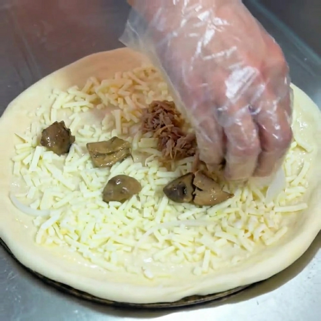 Mushrooms and pulled pork being spread over the cheese-topped pizza base.