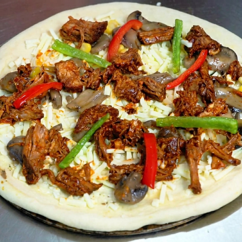 A pizza topped with bell peppers, corn, and a final layer of shredded cheese, ready for the oven.