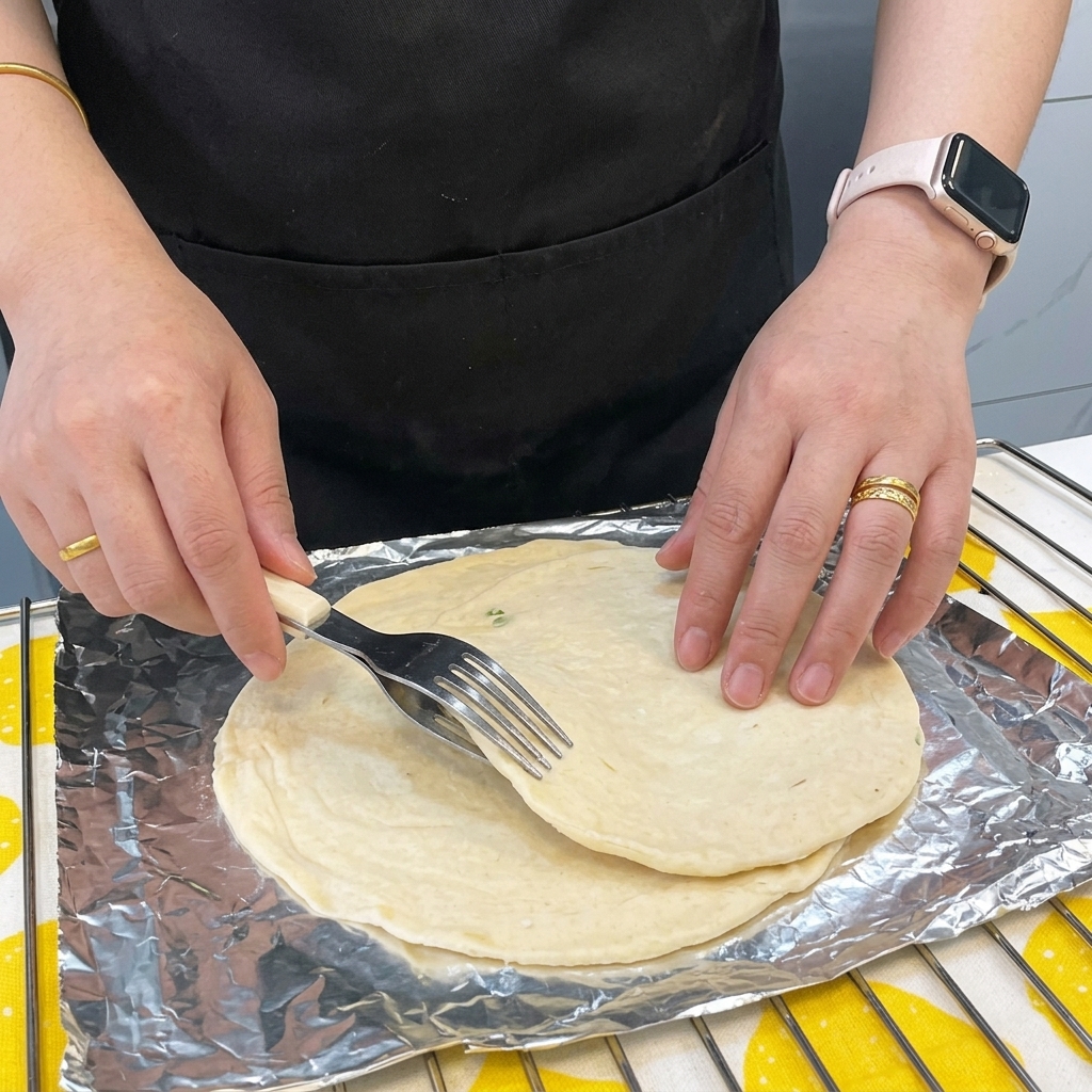 Two scallion pancakes stacked and being punctured uniformly with a fork.