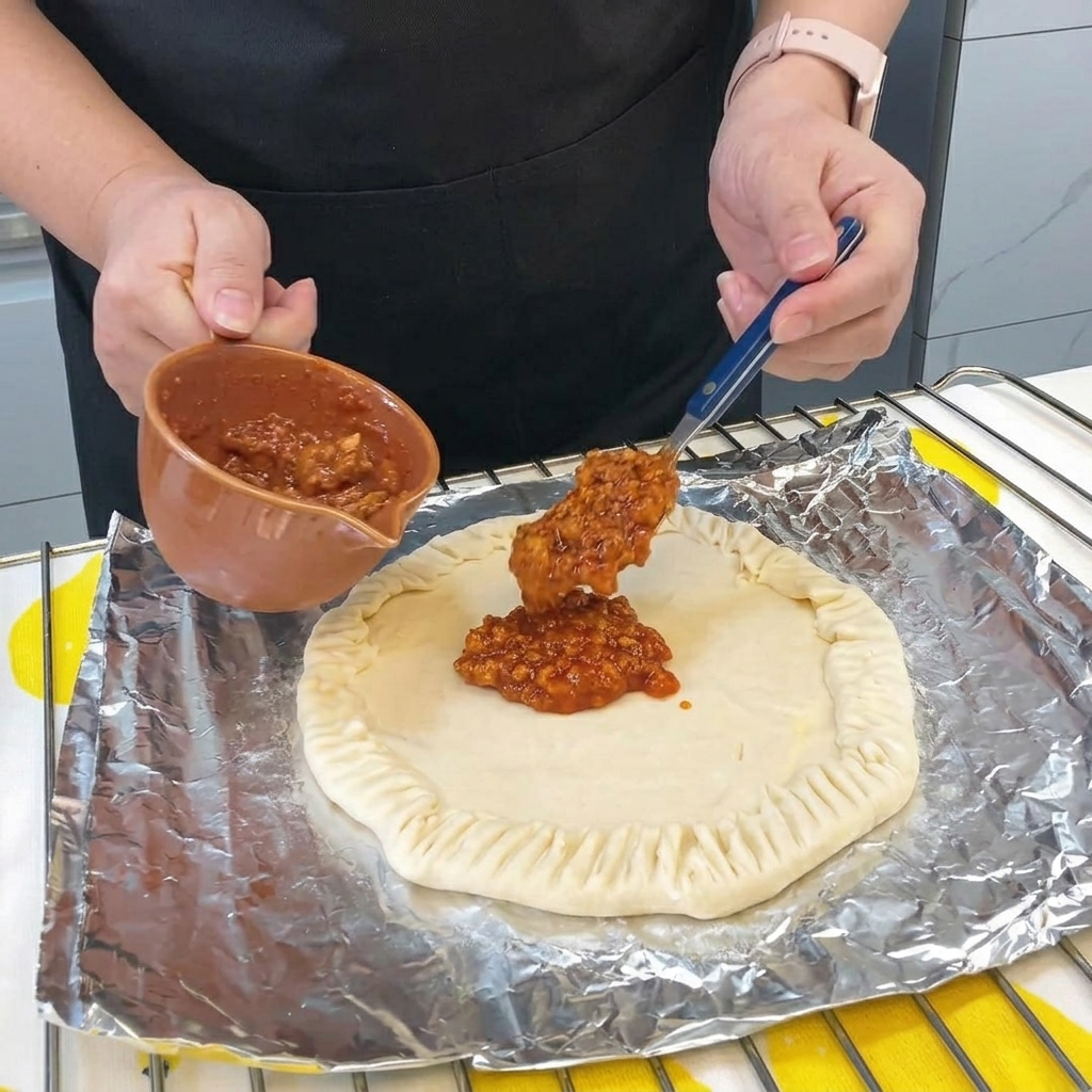 A spoonful of thick, hearty bolognese sauce being spread over the center of the scallion pancake base.