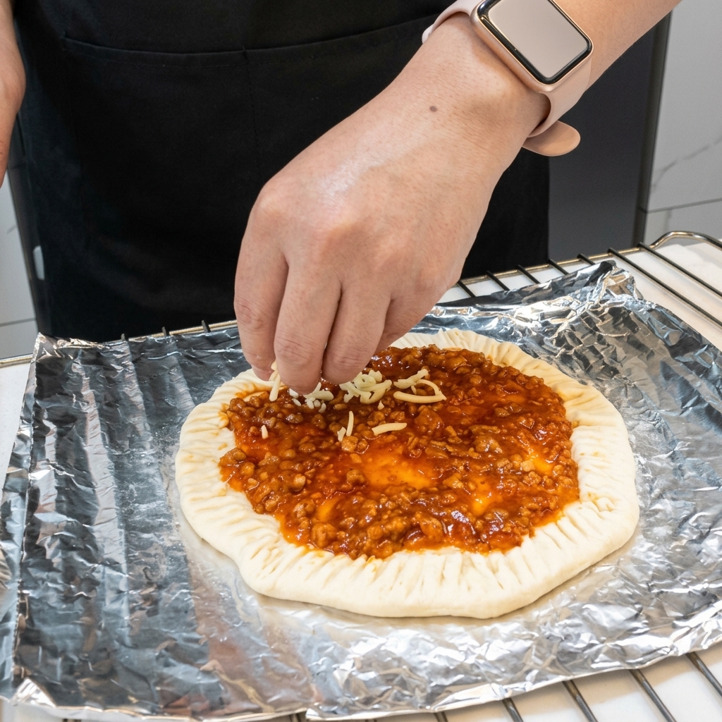 Hand sprinkling shredded mozzarella cheese over the sauce-topped pancake base.