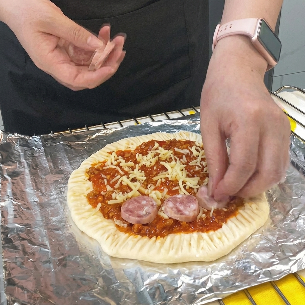 Slices of sausage being placed in a circular formation atop the cheese layer.