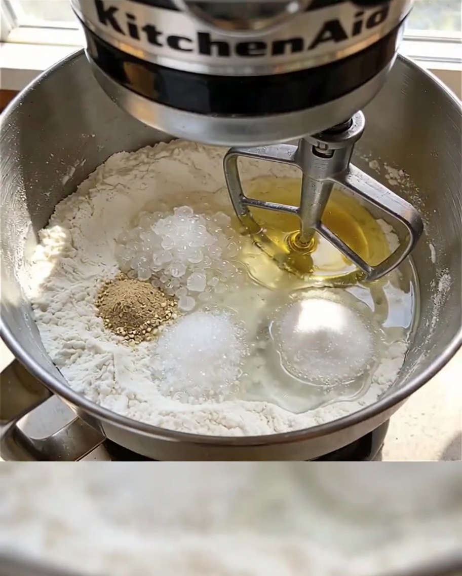 A close-up view of the stand mixer bowl containing flour, yeast, sugar, salt, water, and olive oil, with the dough hook about to begin mixing.