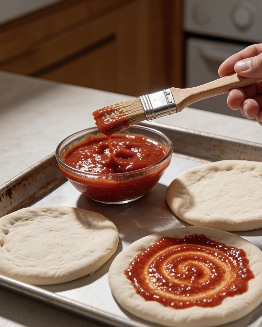 A pastry brush coating a round piece of pizza dough with tomato sauce on a metal baking sheet.
