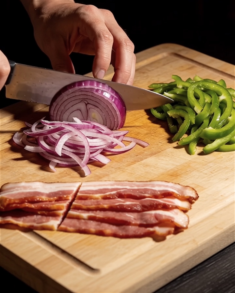 Slices of red onion, green bell pepper, and raw bacon strips laid out on a wooden cutting board.