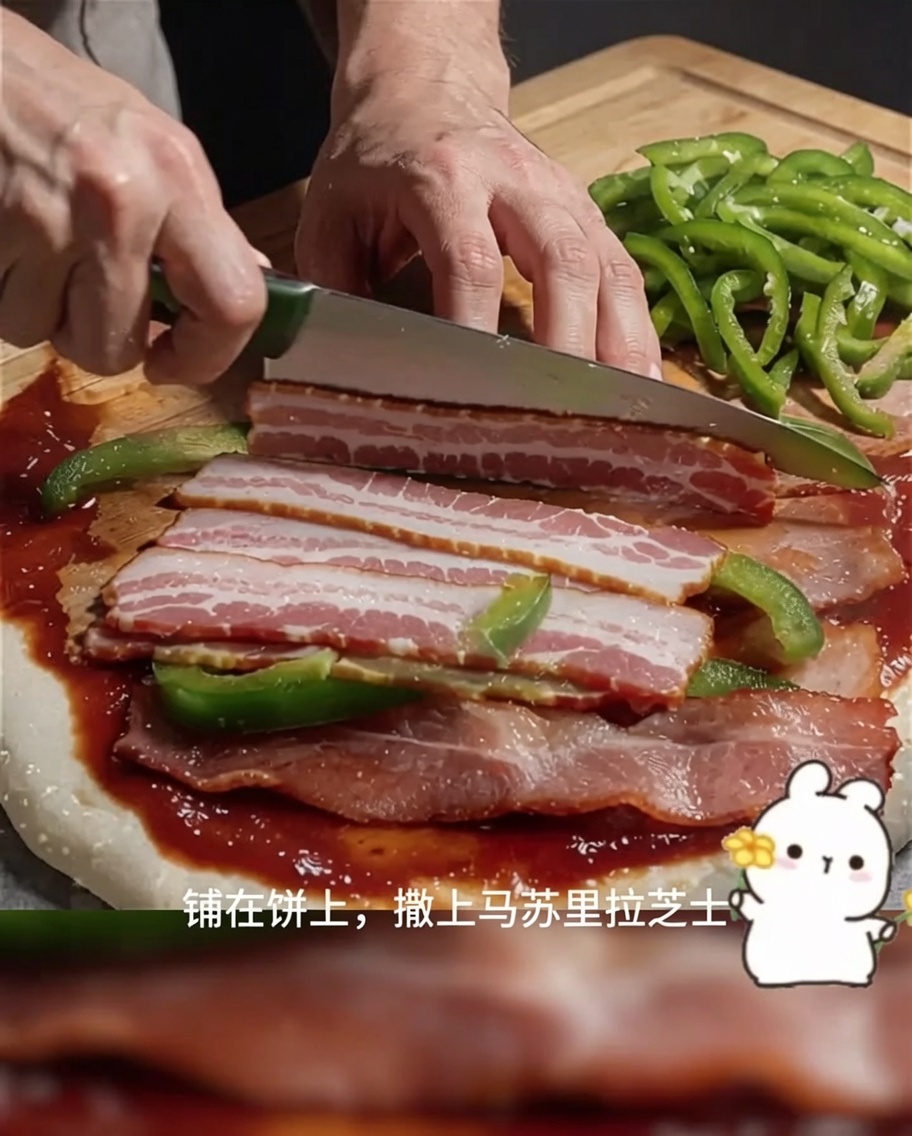 A pizza base topped with bacon, green bell pepper, and red onion, with a hand finishing the application of shredded mozzarella cheese.