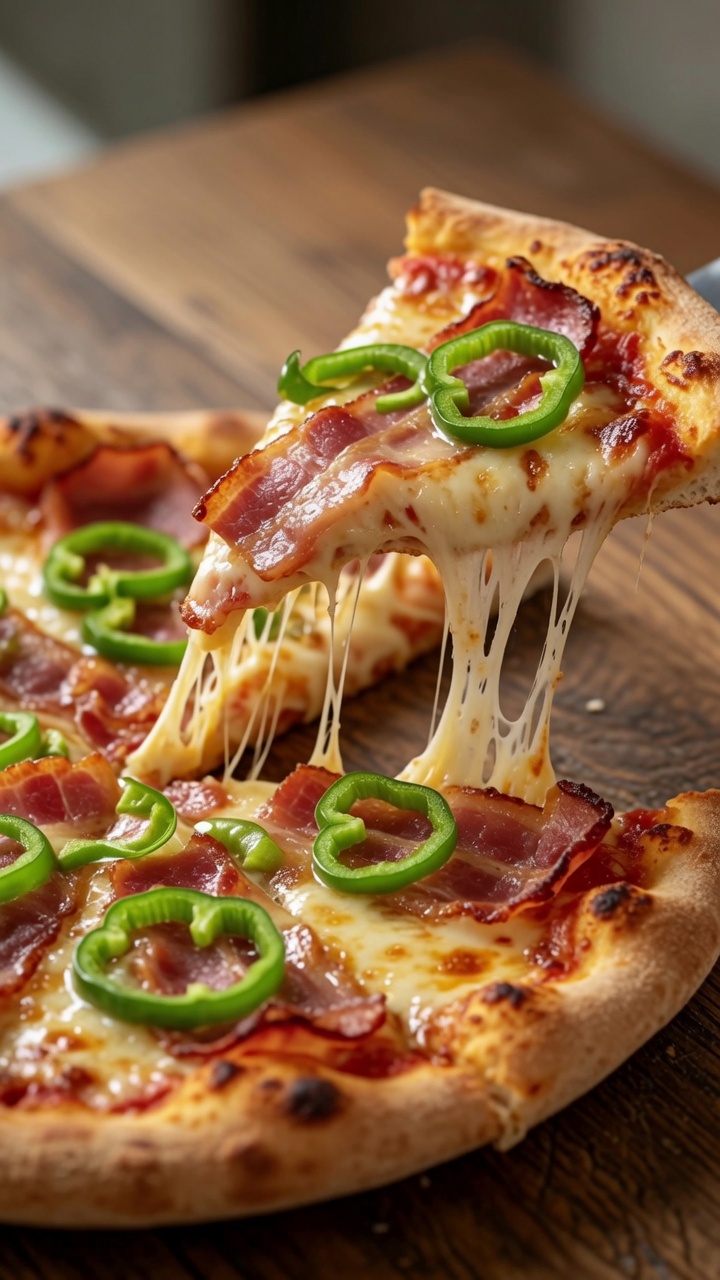 A freshly baked slice of pizza loaded with melted mozzarella, savory bacon, and crisp green bell peppers.