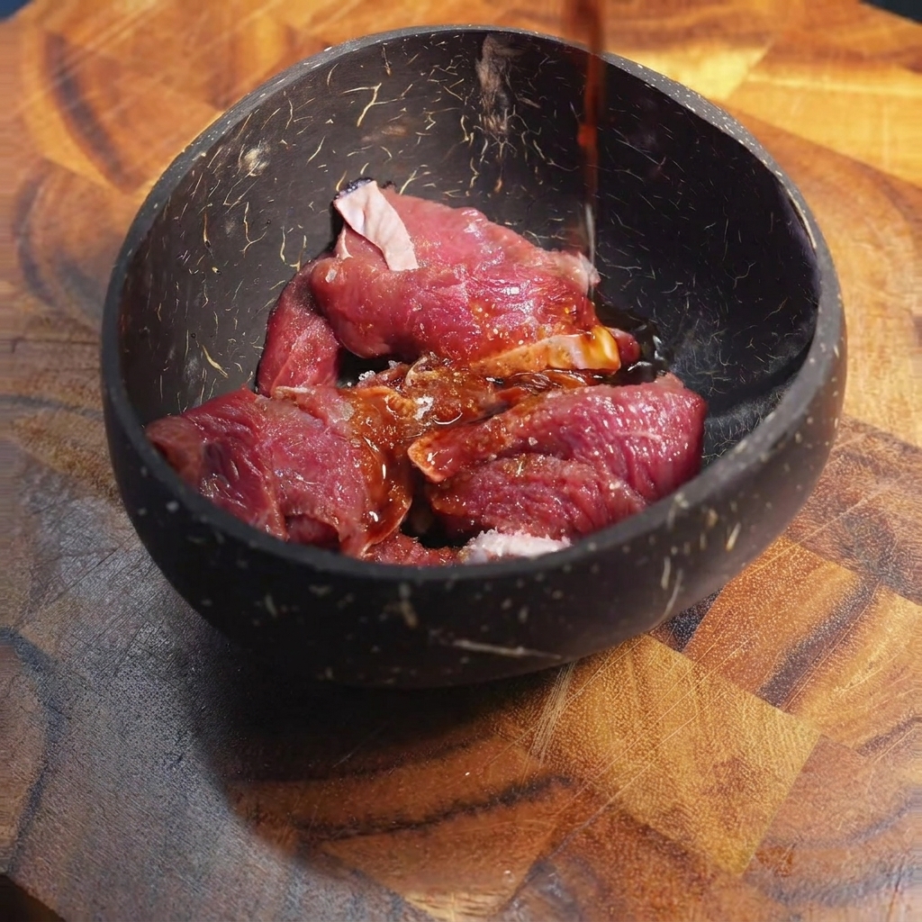 Sliced beef marinating in a mixture of soy sauce and oyster sauce in a wooden bowl.