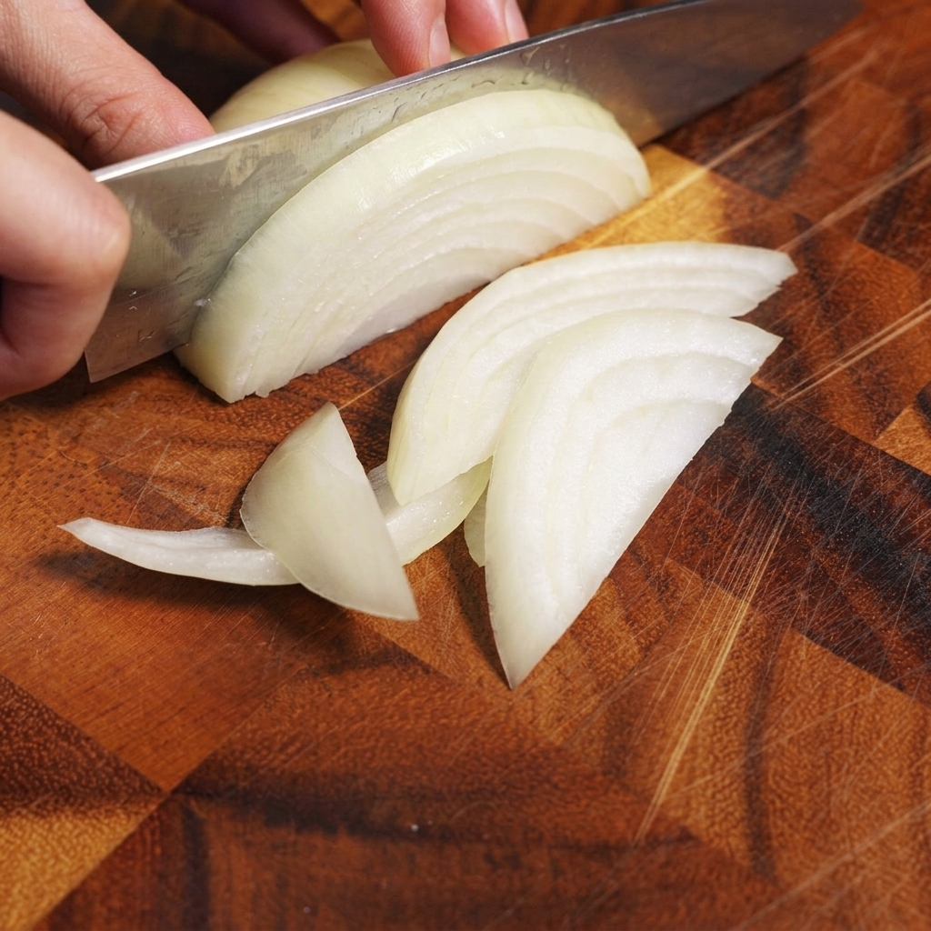 Slices of white onion on a wooden cutting board.