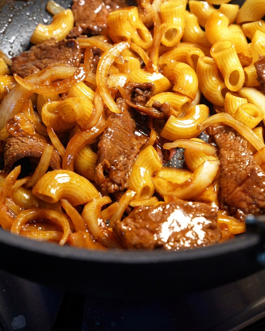 Macaroni, tender beef slices, and onions tossed together in a rich savory sauce inside a cooking pan.