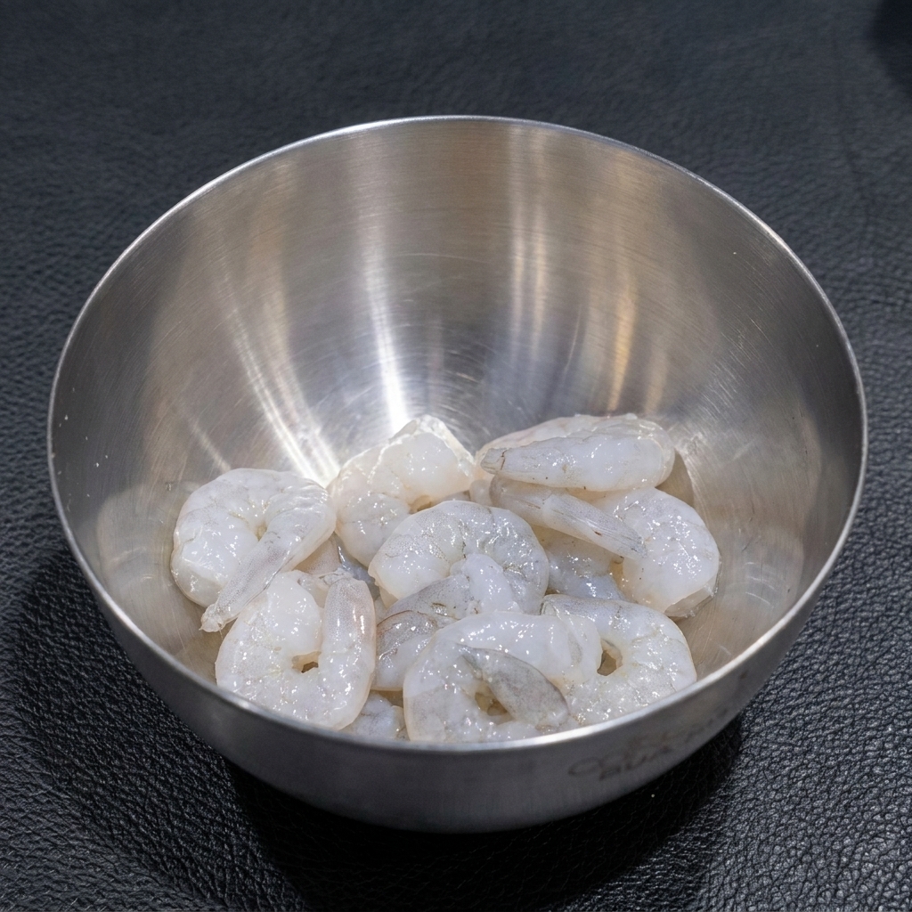 Fresh, cleaned shrimp sitting in a metal bowl, coated with salt and pepper.