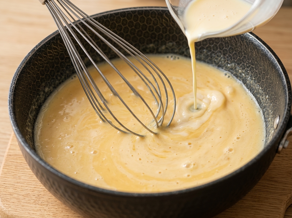 Milk and water being poured into a pan with a roux, while being whisked into a creamy consistency.
