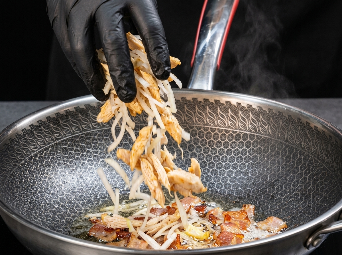 Shrimp, onions, and vegetables being added to a pan containing browned bacon chunks.