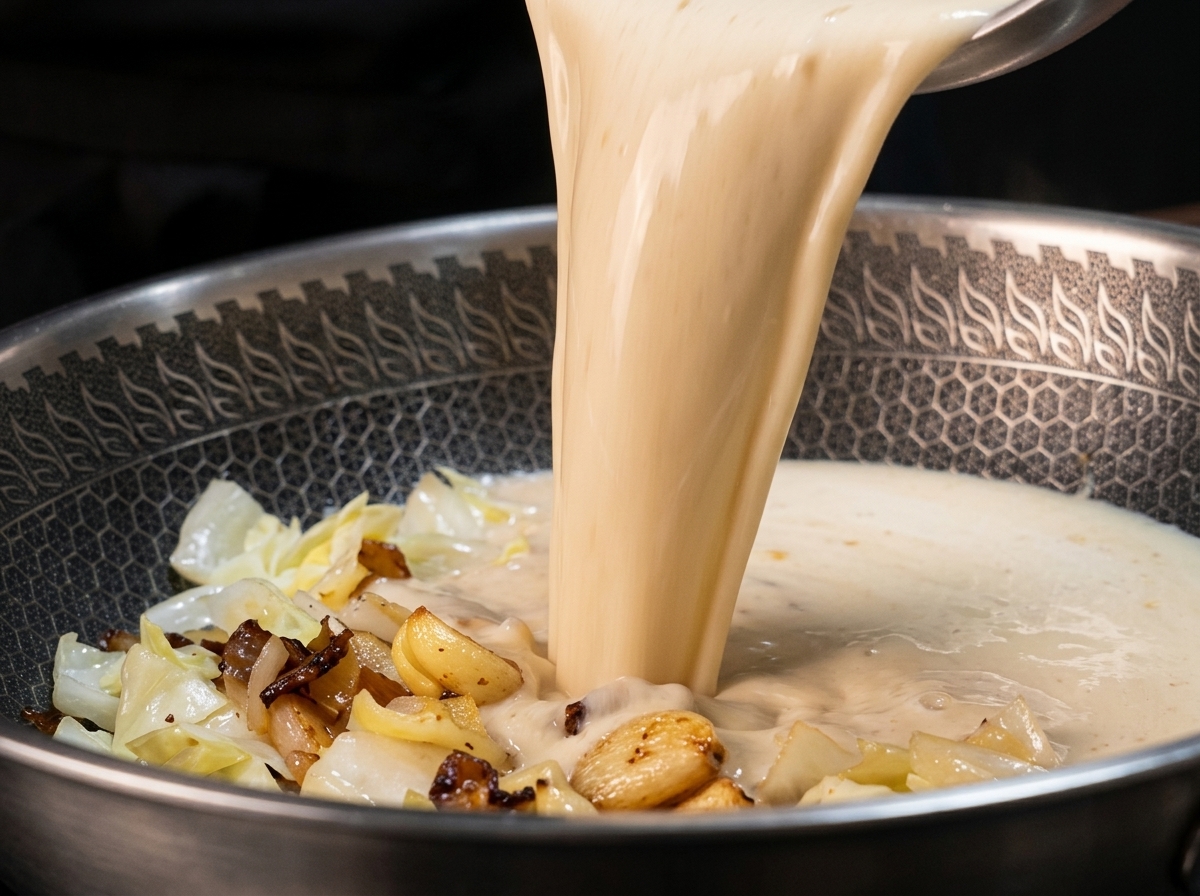 The creamy white soup base being poured into a pan filled with colorful sautéed vegetables, shrimp, and bacon.