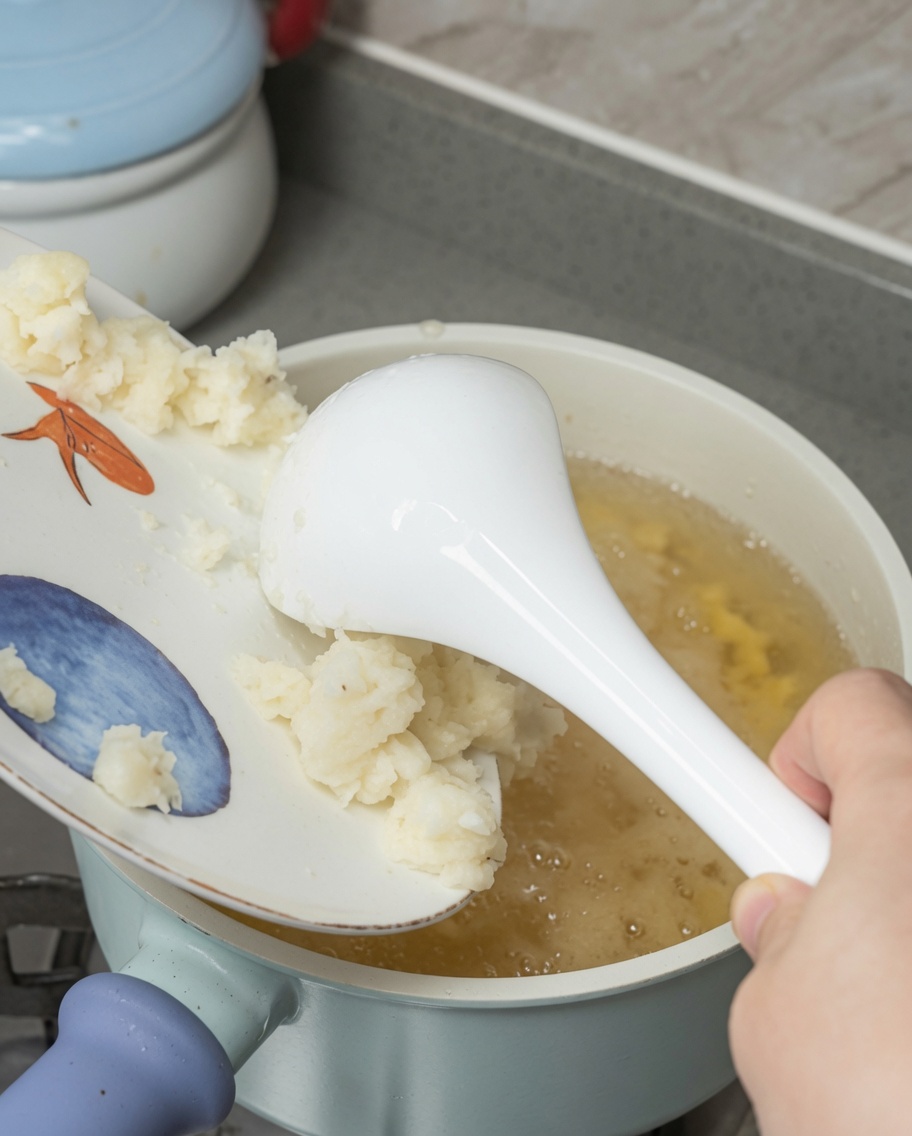 Water chestnut starch slurry being poured into the boiling soup to thicken it.