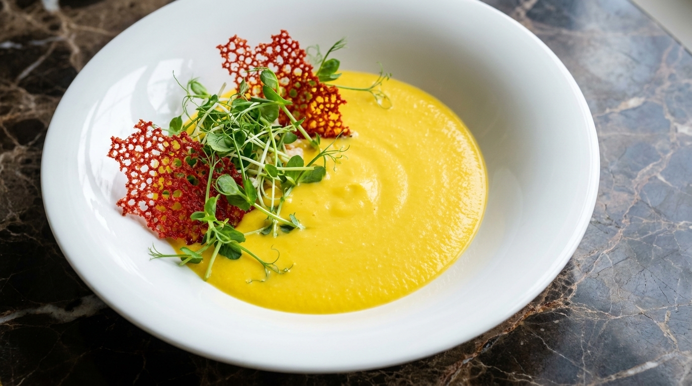 A smooth, vibrant yellow corn soup garnished with crispy red coral tuiles and fresh microgreens.