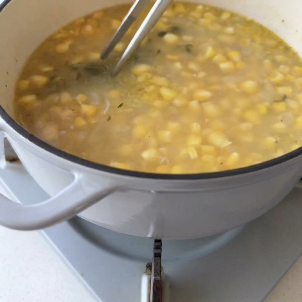Metal tongs pulling a sprig of cooked thyme out of a pot of vegetable soup.