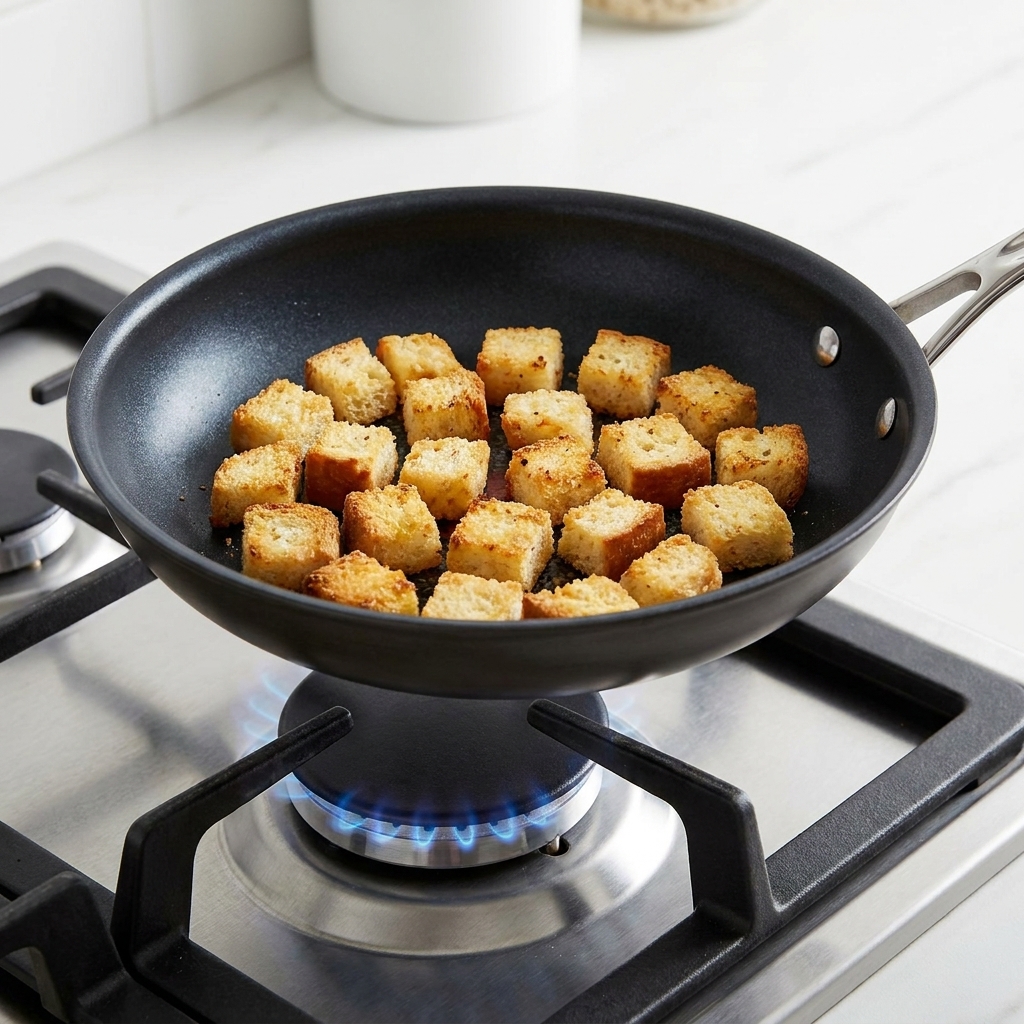 Small bread cubes toasting to a golden brown in a dark non-stick skillet on a gas stove.