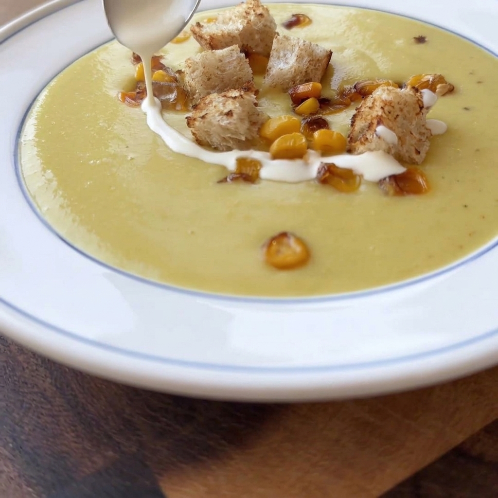 A plated bowl of creamy corn soup topped with toasted bread cubes and whole corn kernels, being garnished with a drizzle of white cream from a spoon.