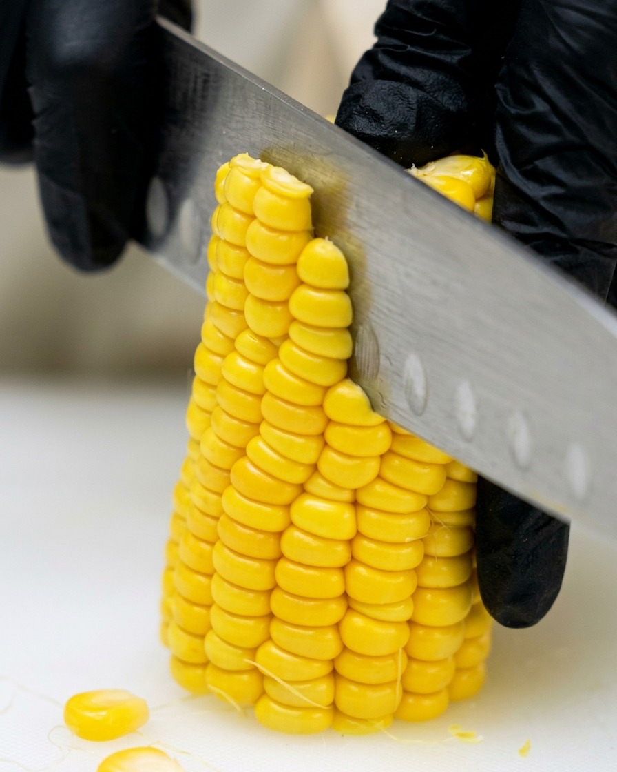 A gloved hand using a stainless steel knife to slice bright yellow corn kernels off a cob on a white cutting board.