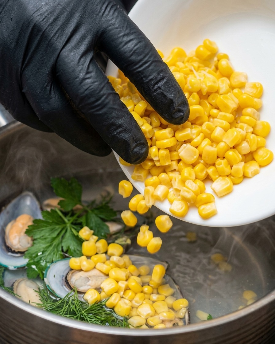 A gloved hand pouring bright yellow corn kernels from a white plate into a steaming pot of boiling water with herbs.