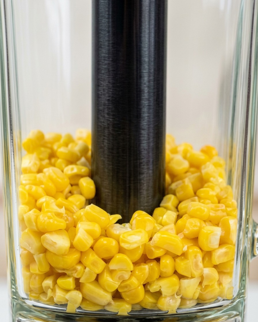 A glass blender pitcher filled with cooked yellow corn kernels, ready to be blended.