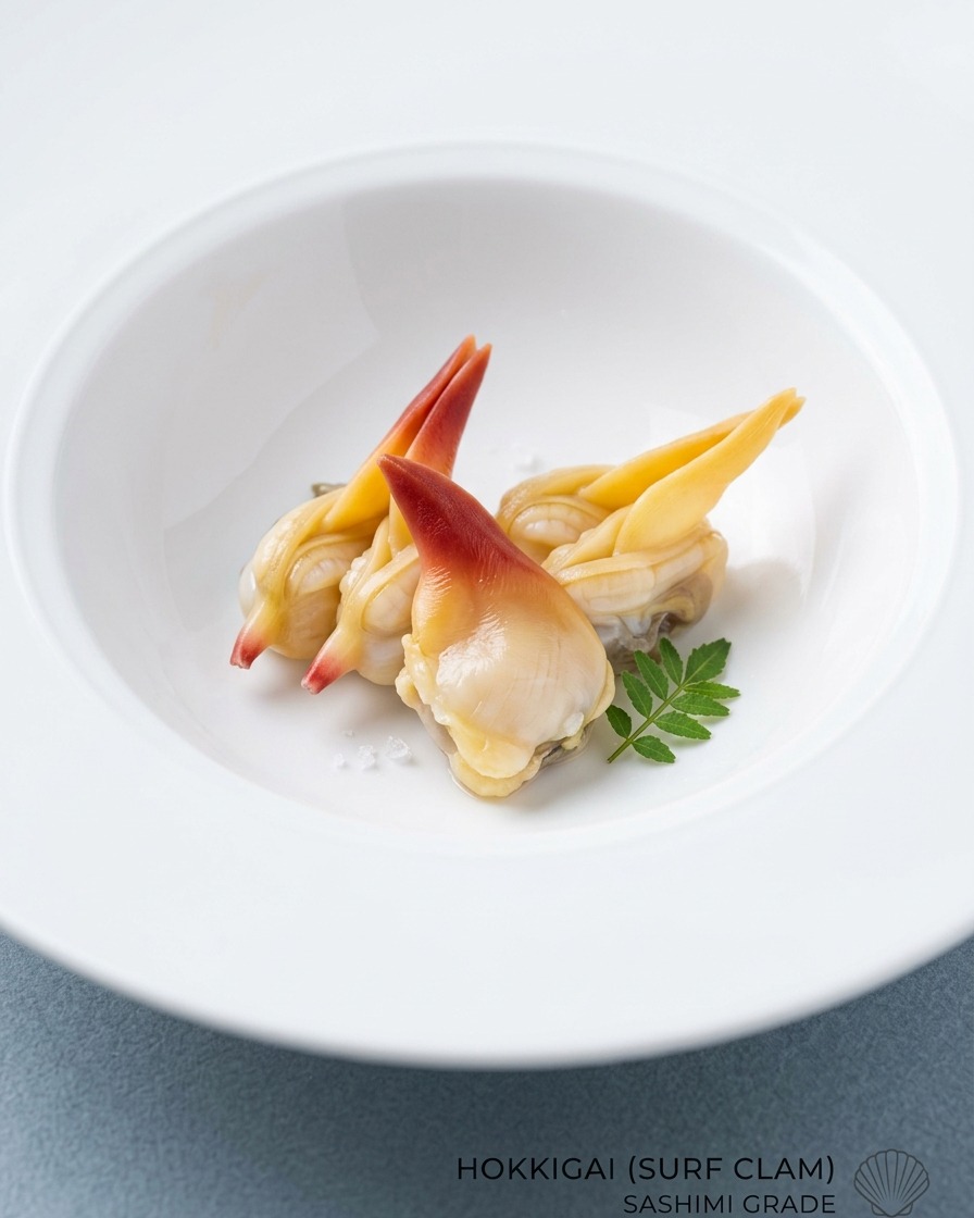 Cooked clam meat arranged neatly at the bottom of a white ceramic serving bowl.