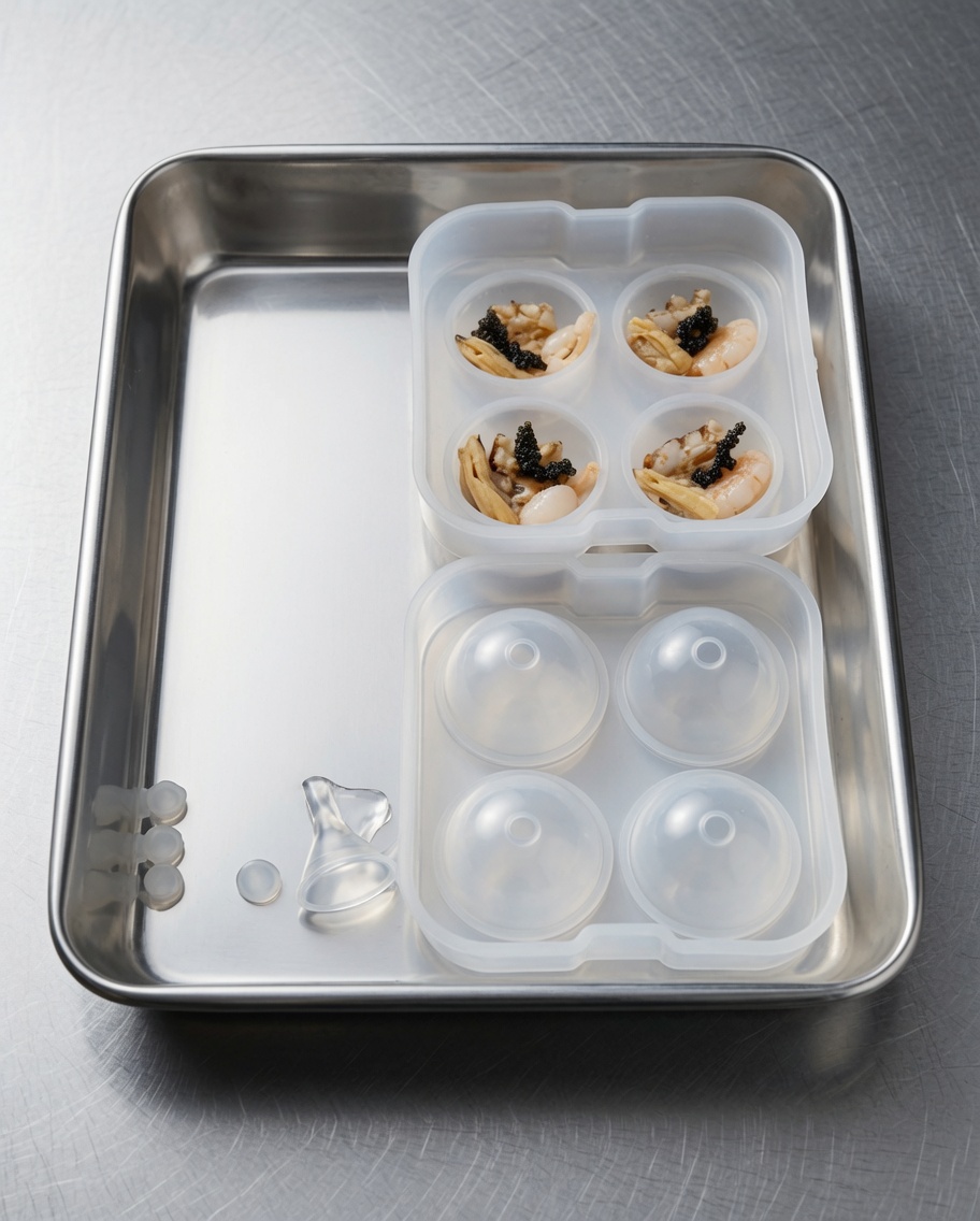 A silicone mold with sphere-shaped compartments being filled with pieces of cooked shrimp and seafood.