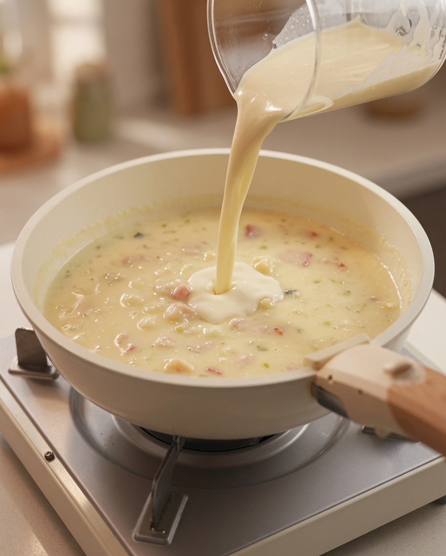 Heavy cream being poured into the pot of soup, blending with the existing mixture.
