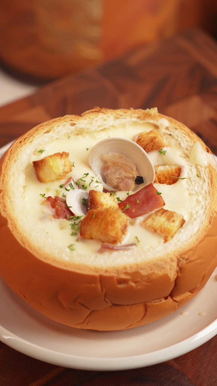 Festive Creamy Clam Chowder in a Bread Bowl
