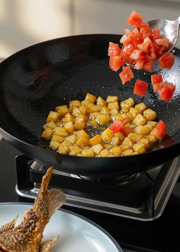 Diced tomatoes and potatoes being stir-fried together in a wok.