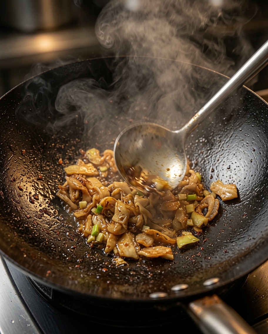 Fresh potato strips being tossed into the wok with cooked pork and aromatics.