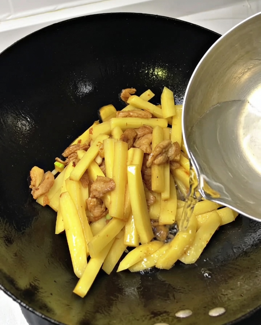 Water being poured from a ladle into a wok filled with potato strips and pork.