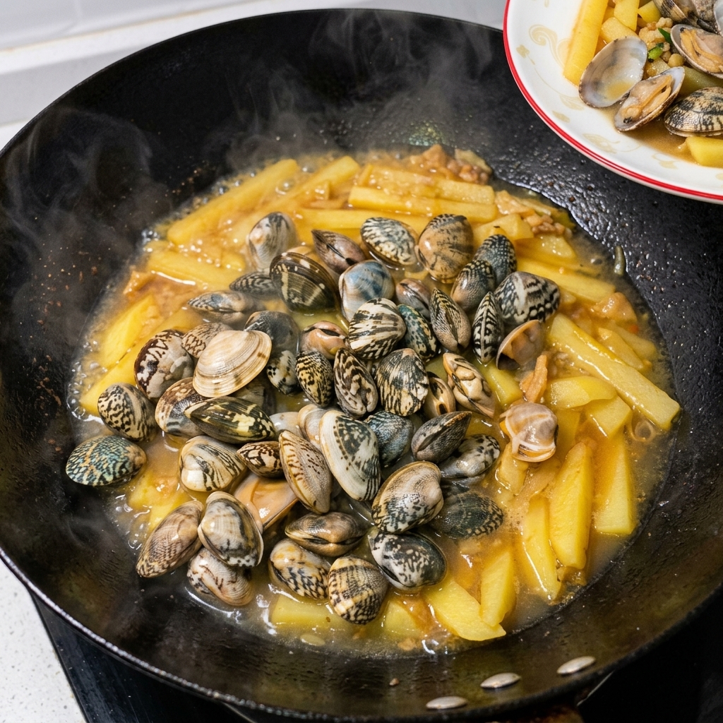 Fresh clams being poured into the wok with softened potatoes and liquid.