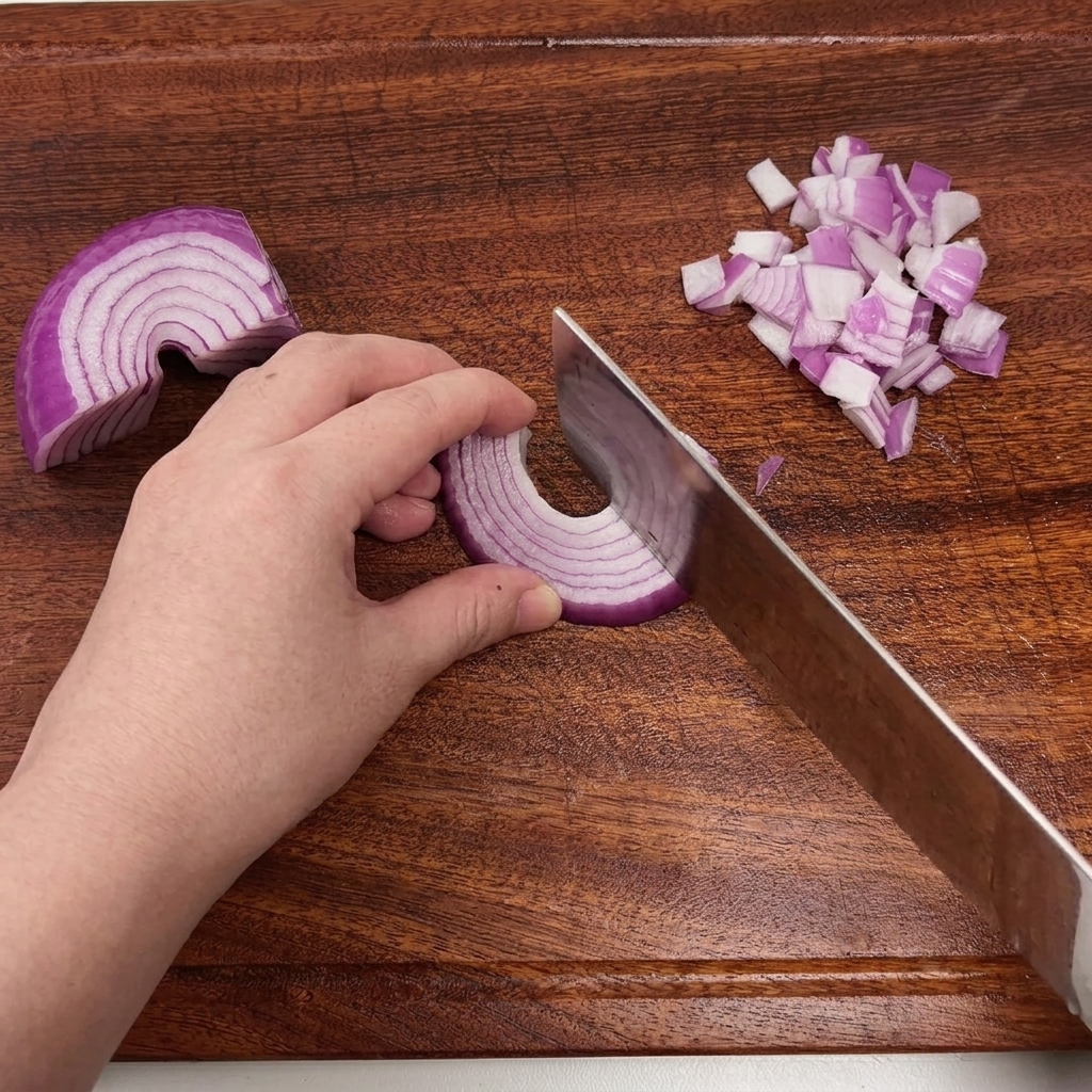 A hand using a chefs knife to chop a red onion on a wooden cutting board.