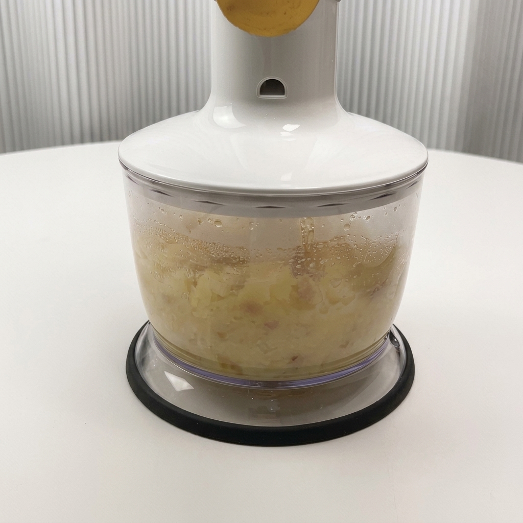 Cooked potatoes and broth being pureed inside a clear food processor bowl.
