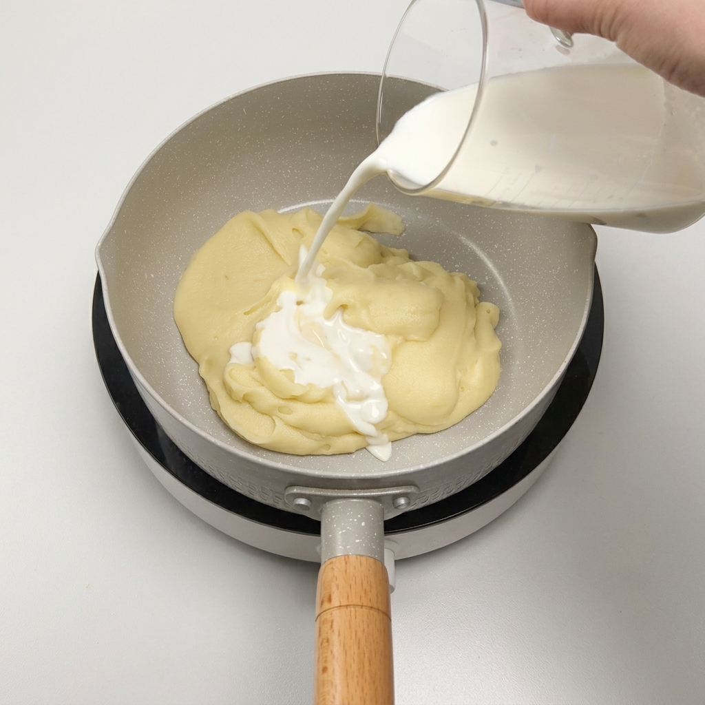 Pouring milk from a glass measuring cup into a pan of smooth potato puree.