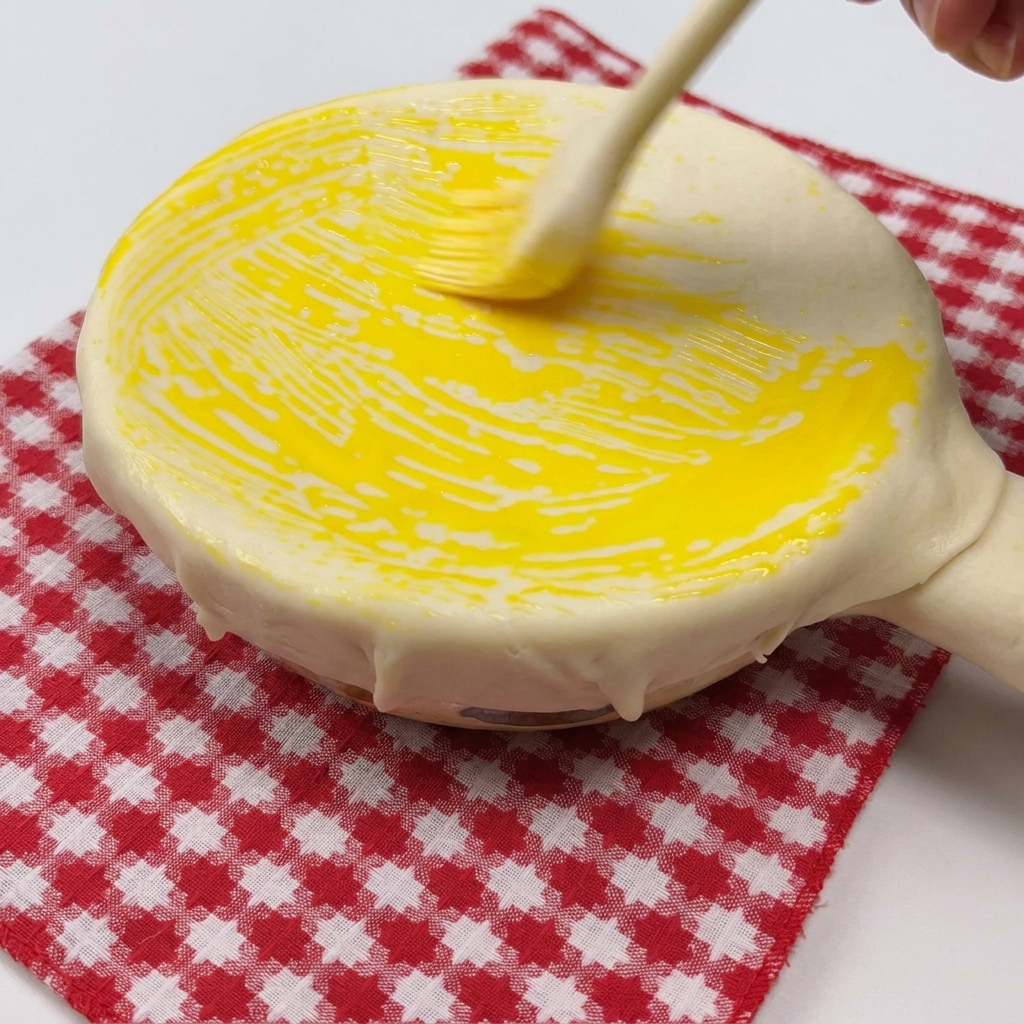 A pastry-covered soup bowl being brushed with egg yolk to create a golden crust.