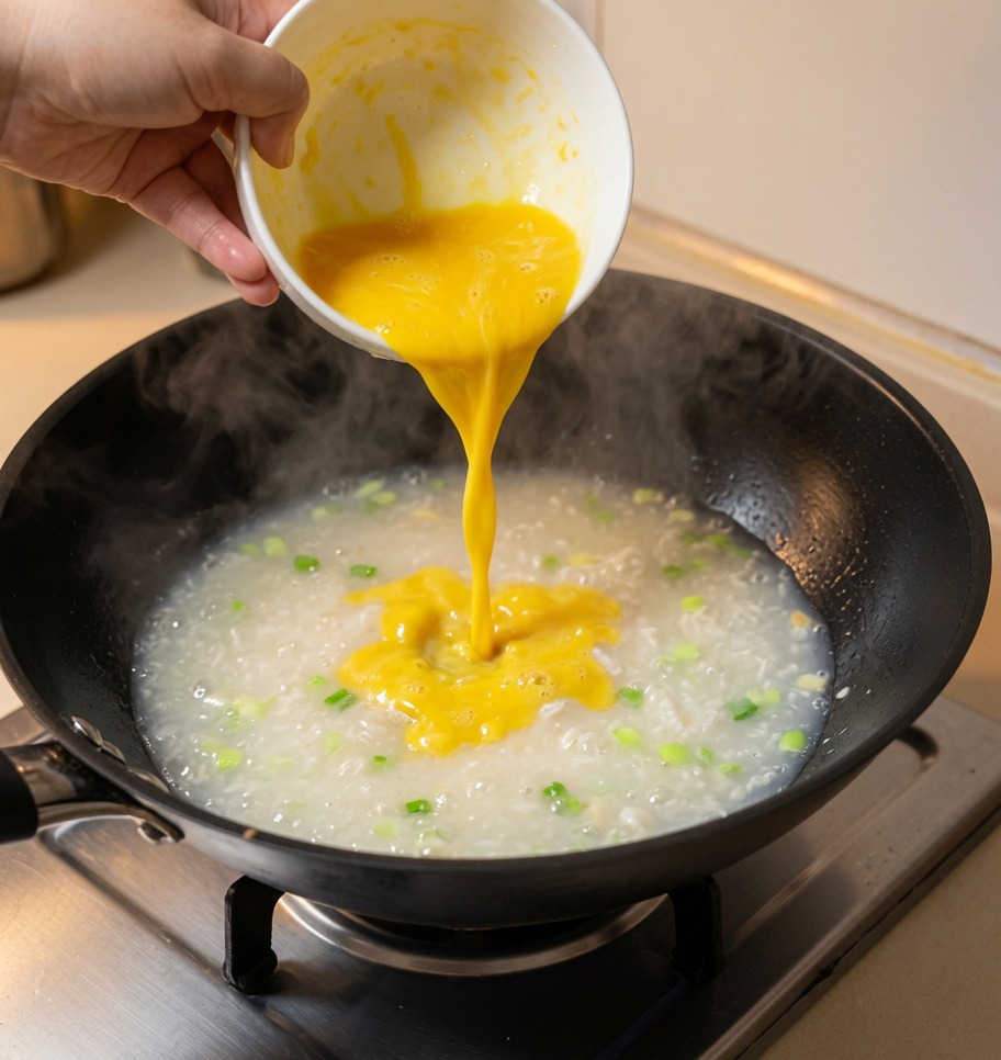 A hand pouring a beaten yellow egg from a white bowl into a bubbling wok of clam broth and green onions.