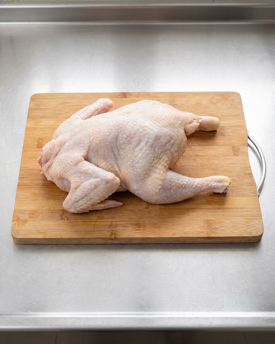 A whole raw chicken lying on a wooden cutting board, ready to be chopped into pieces.