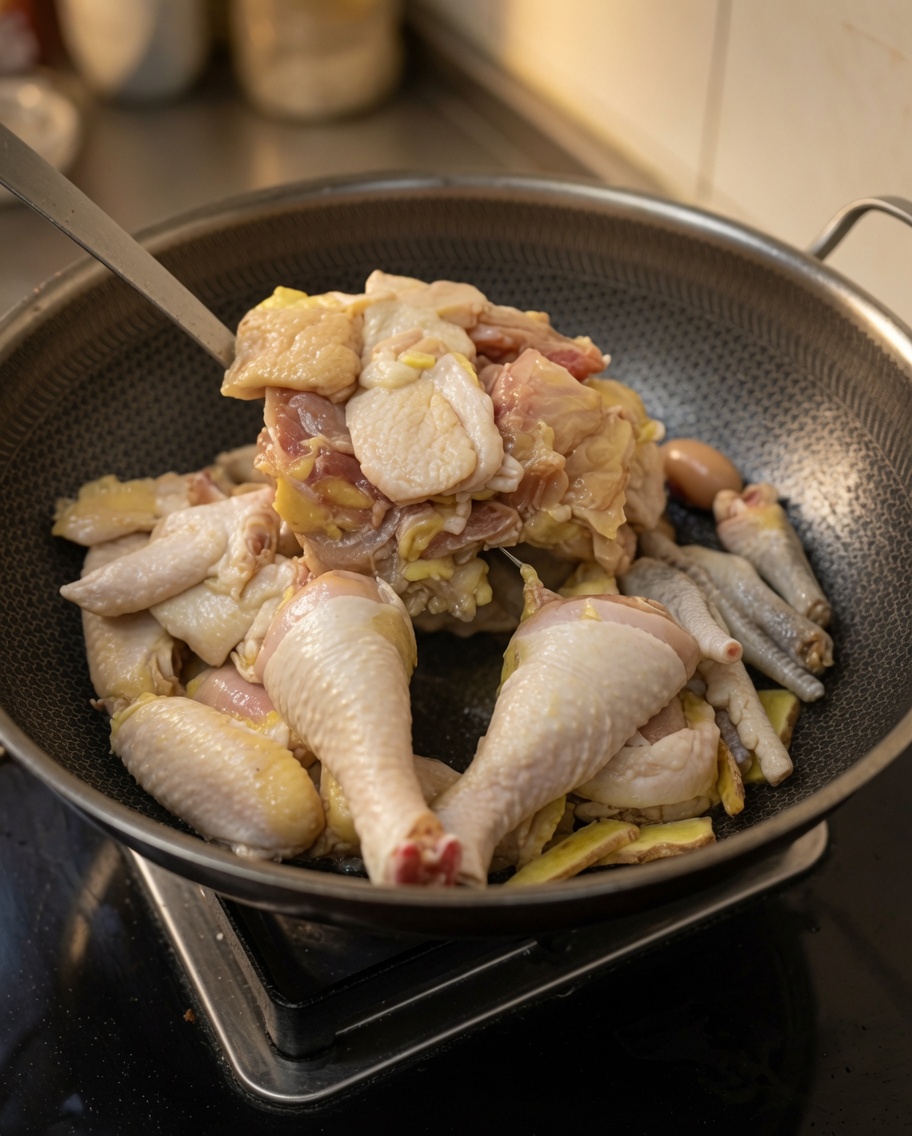Chicken pieces being stir-fried in a wok alongside ginger slices, with the meat turning opaque and beginning to brown.