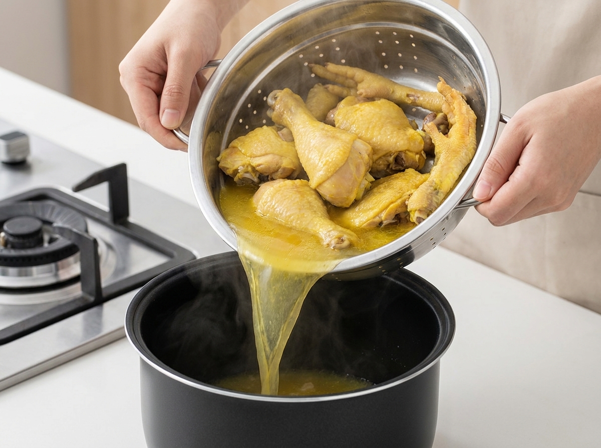 The stir-fried chicken and ginger being poured from a stainless steel colander into the base of a pressure cooker.